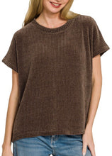 Chenille Waffle Short Sleeve Sweater Brown, Hunter Green (Some Extended Sizes)