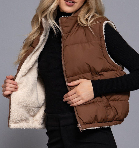 Reversible Fleece Puffer Vest Brown