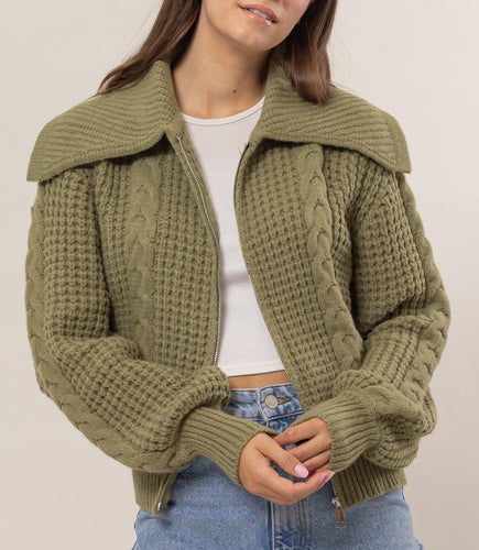 Chunky Cable Knit Front Zip Sweater Olive