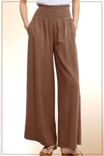 Smocked High Waist Linen Pants Brown, Khaki