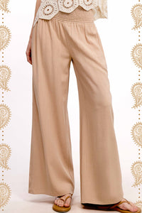 Smocked High Waist Linen Pants Brown, Khaki