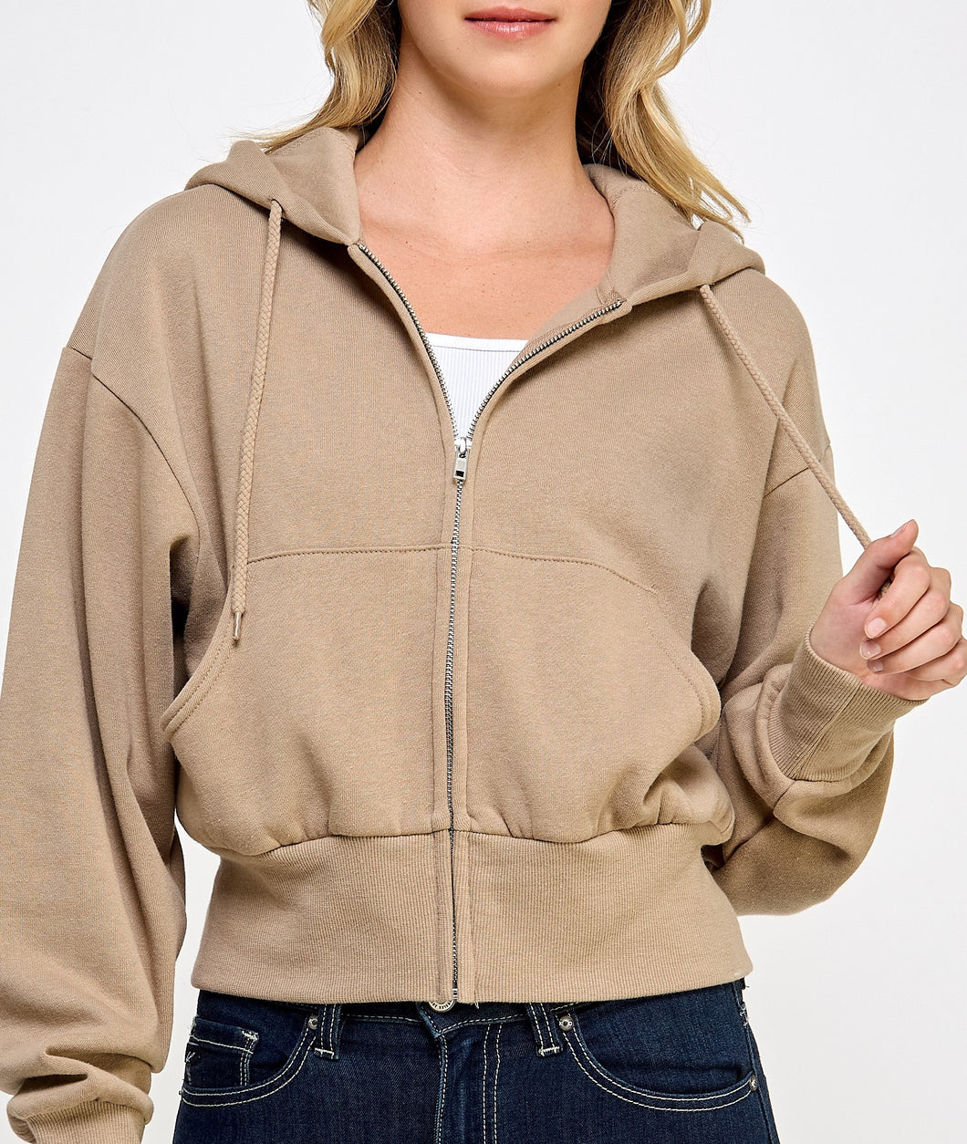 Crop Fleece Zip Up Hoodie Beige, Pink, Sand