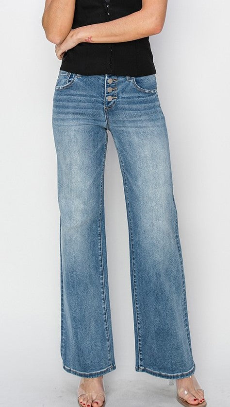 Risen Button Down Wide Leg Jeans