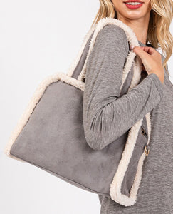 Fleece Trimmed Tote/Crossbody Brown or Grey