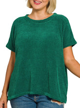 Chenille Waffle Short Sleeve Sweater Brown, Hunter Green (Some Extended Sizes)