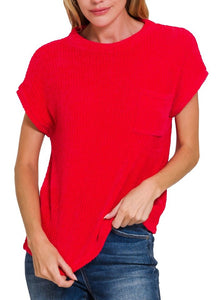 Chenille Short Sleeve Pocket Sweater Grey, NEW in Red