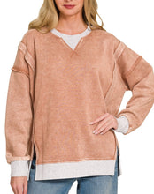 Acid Washed Contrast Fleece Pullover Brown, Rust, Olive, Also in Extended Sizes