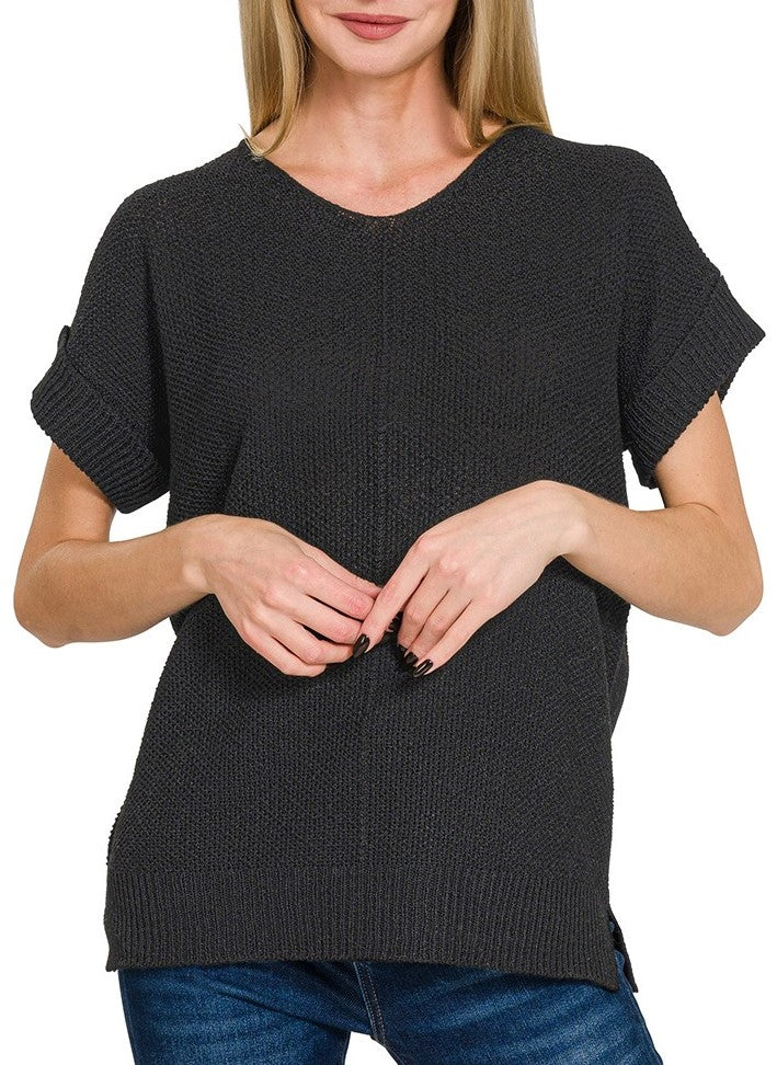 Short Sleeve Sweater Black, Pink