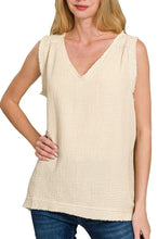 Sleeveless Gauze Top Dusty Teal, Sand Beige