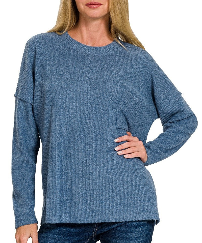 Ribbed Hacci Sweater Also In Extended Sizes Beige, Blue, Camel, Mocha, Red, Black, Grey