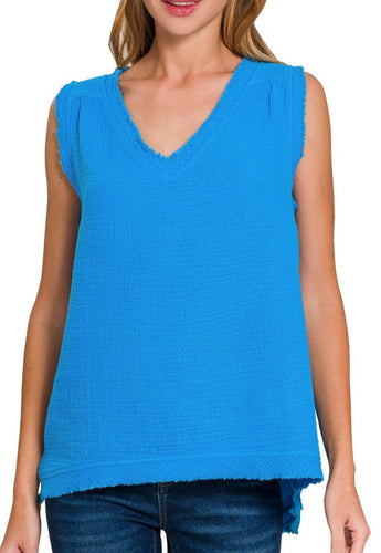 Sleeveless Gauze Top Blue Grey, White (Restocked), Deep Sky (New Color)