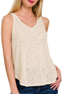 V Neck Slub Tank Top Beige, Mocha, Rose
