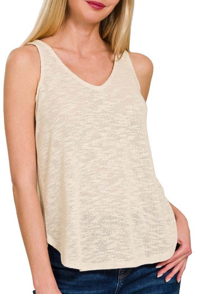 V Neck Slub Tank Top Beige, Mocha, Rose