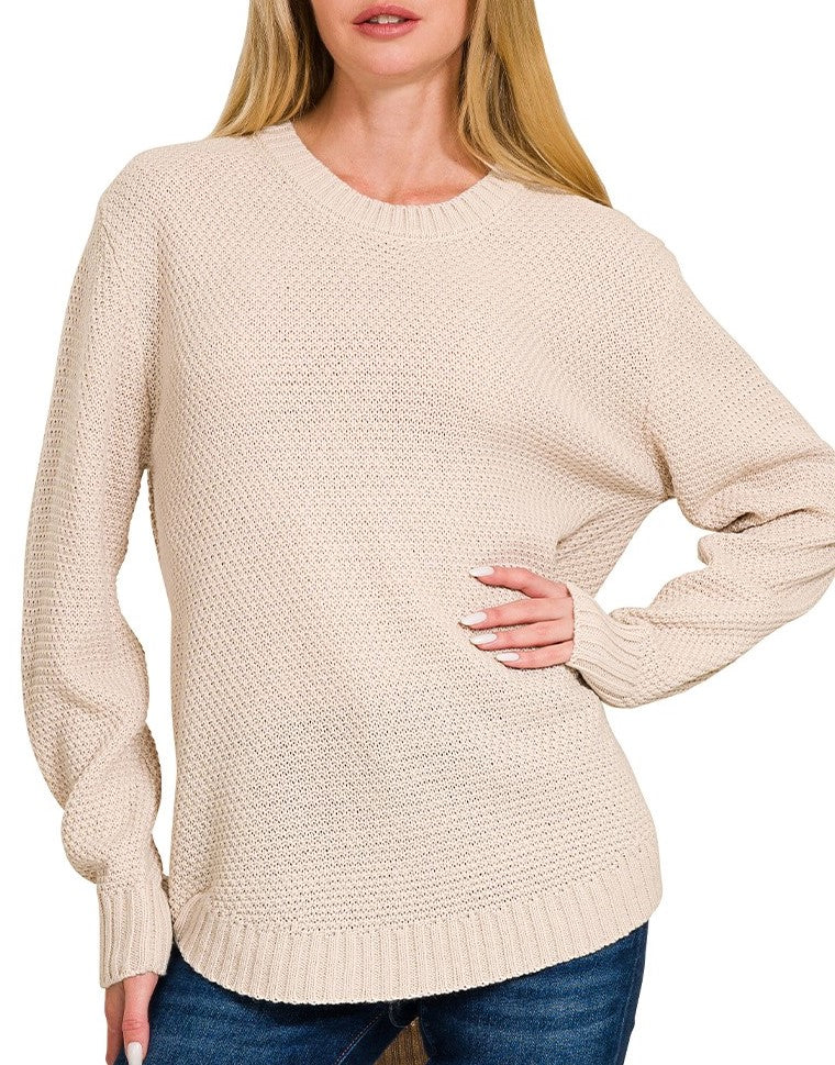 Round Neck High Low Sweater Brown, Beige, Light Mocha