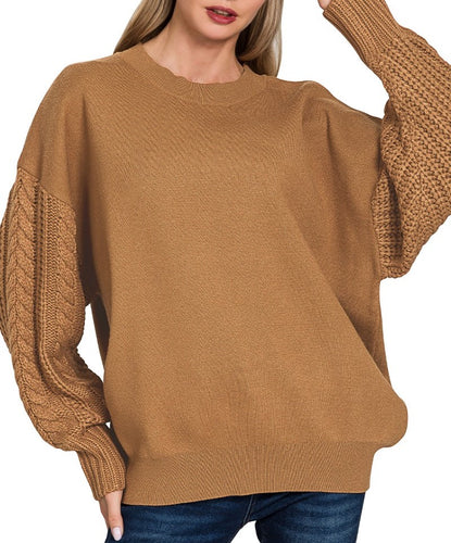 Cable Knit Sleeve Sweater Beige, Camel