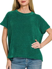 Chenille Waffle Short Sleeve Sweater Brown, Hunter Green (Some Extended Sizes)