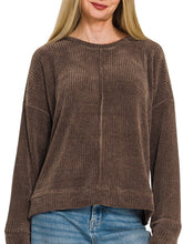 Chenille Waffle Long Sleeve Sweater Chocolate, Ivory, Grey