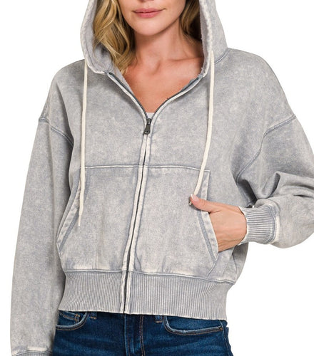 Washed Crop Zip Up Hoodie Sleet