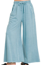 Washed Cotton Wide Leg French Terry Pants Blue Grey, Mocha