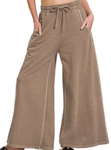 Washed Cotton Wide Leg French Terry Pants Blue Grey, Mocha