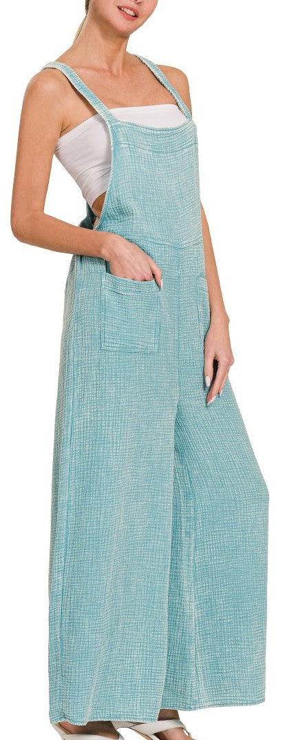Washed Gauze Overalls Beige, Black, Brown, Dusty Teal