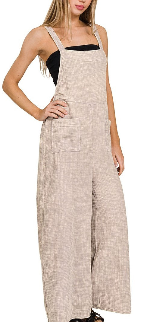Washed Gauze Overalls Beige, Brown, Dusty Teal