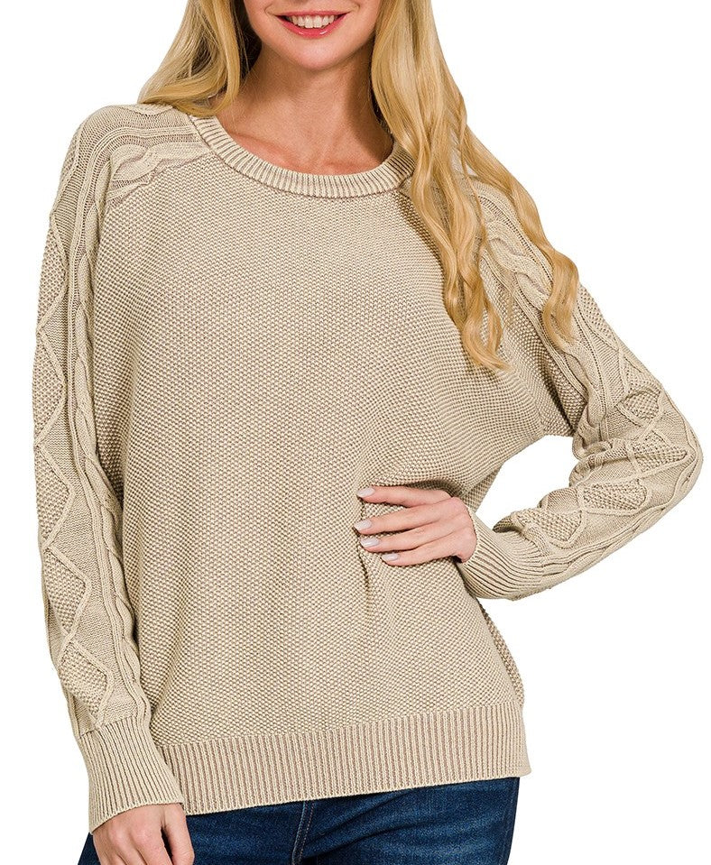 Washed Cable Knit Sweater Beige, Cabernet, Mocha – Sue's
