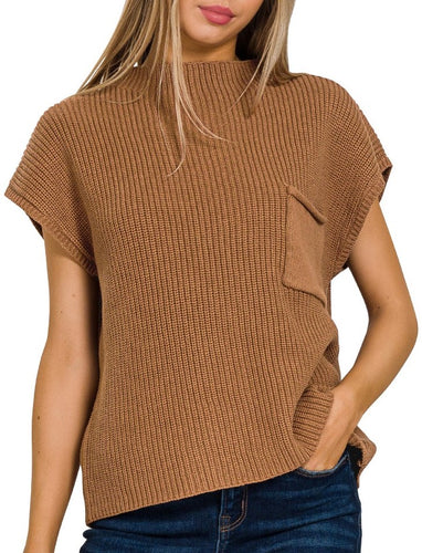 Mock Neck Short Sleeve Sweater, Camel