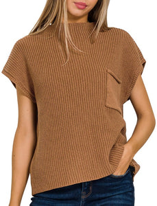 Mock Neck Short Sleeve Sweater, Camel