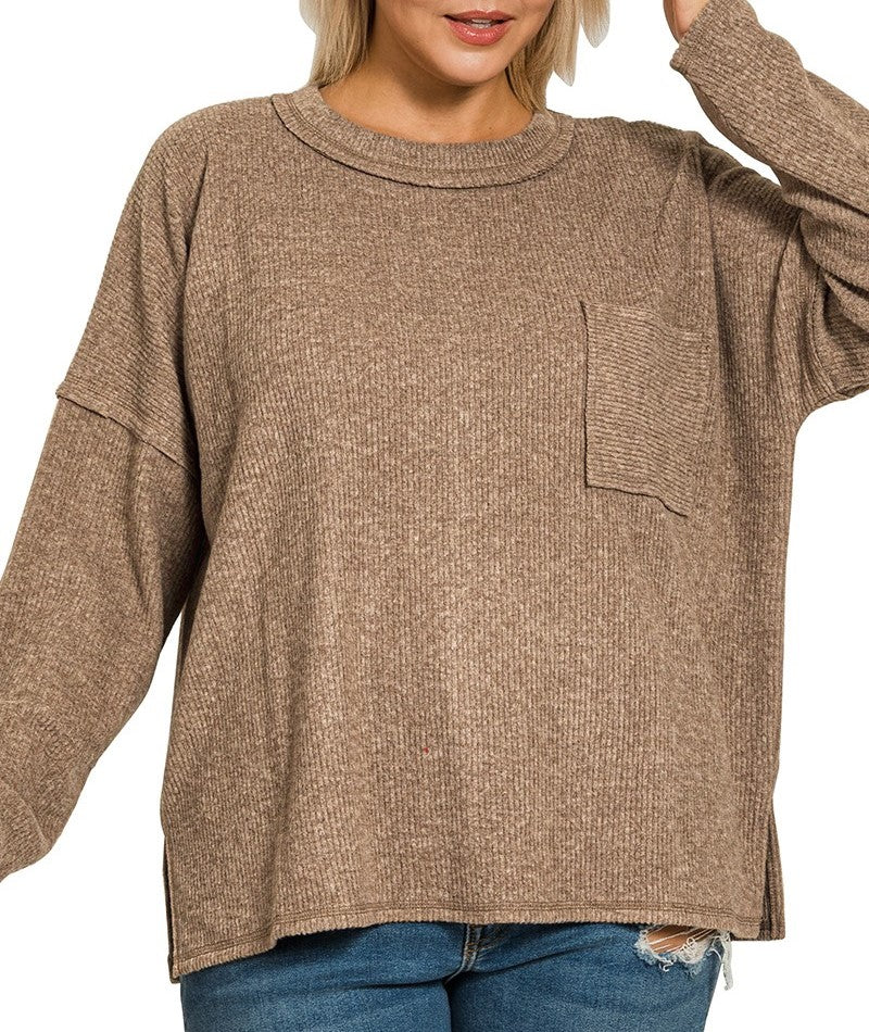 Ribbed Pocket Hacci Sweater Mocha (in extended sizes)