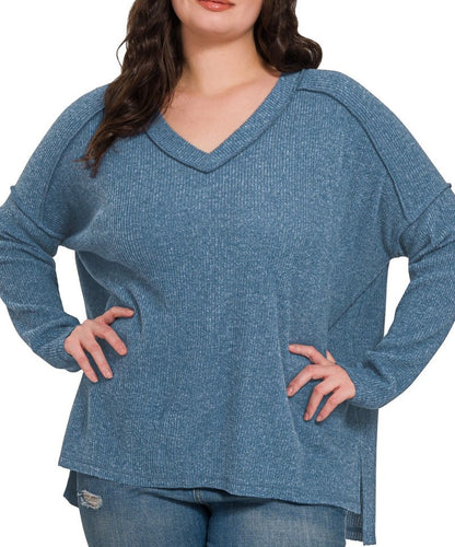 Ribbed Hacci V Neck Sweater Dusty Blue (Also in extended sizes)