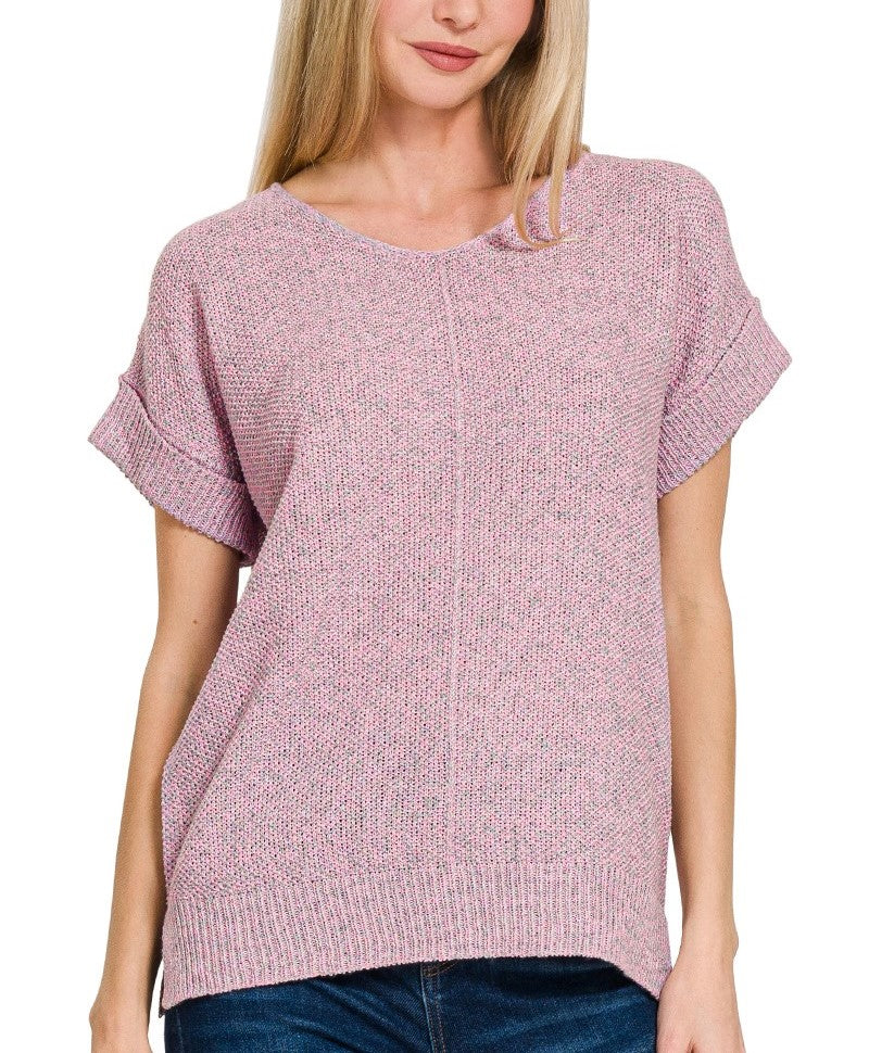 Pink Grey Short Sleeve Sweater