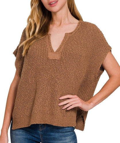 Split Neck Pullover Sweater Beige or Camel