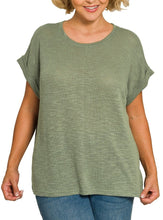 Slub Cuffed Sleeve Top Extended Sizes Ivory, Light Olive