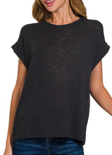 Slub Rolled Sleeve Top Black, Ivory, Blue