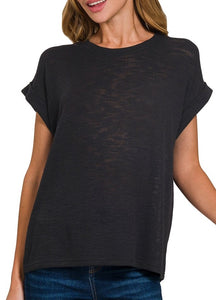 Slub Rolled Sleeve Top Black, Ivory, Blue