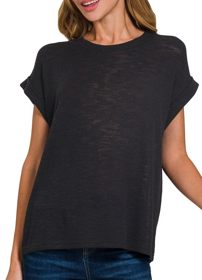 Slub Rolled Sleeve Top Black, Ivory, Blue