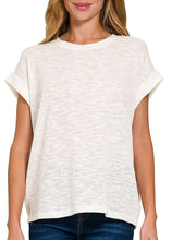 Slub Rolled Sleeve Top Black, Ivory, Blue