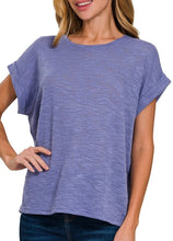 Slub Rolled Sleeve Top Black, Ivory, Blue
