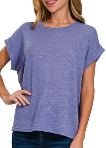 Slub Rolled Sleeve Top Black, Ivory, Blue