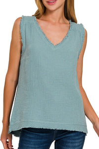 Sleeveless Gauze Top Blue Grey, White
