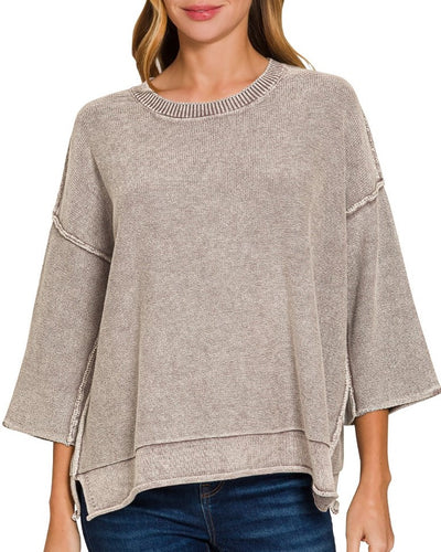 Washed Boxy Cotton Sweater, Mocha