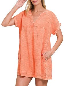 Washed Gauze Dress Coral, Dusty Teal