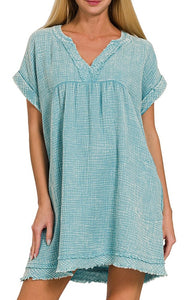 Washed Gauze Dress Coral, Dusty Teal