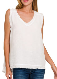 Sleeveless Gauze Top Blue Grey, White